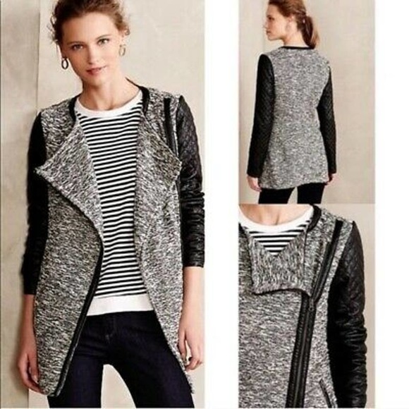 Anthropologie Jackets & Blazers - Anthropologie Cartonnier S Black Tweed Vegan Leather Sleeve Tela Moto Jacket